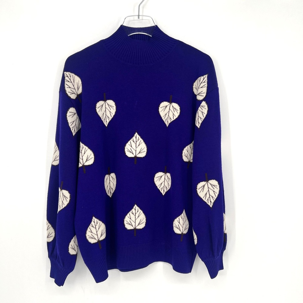 Vtg St John Sweater Womens L Purple Blue Leaf Fall Mock Neck Santana Knit